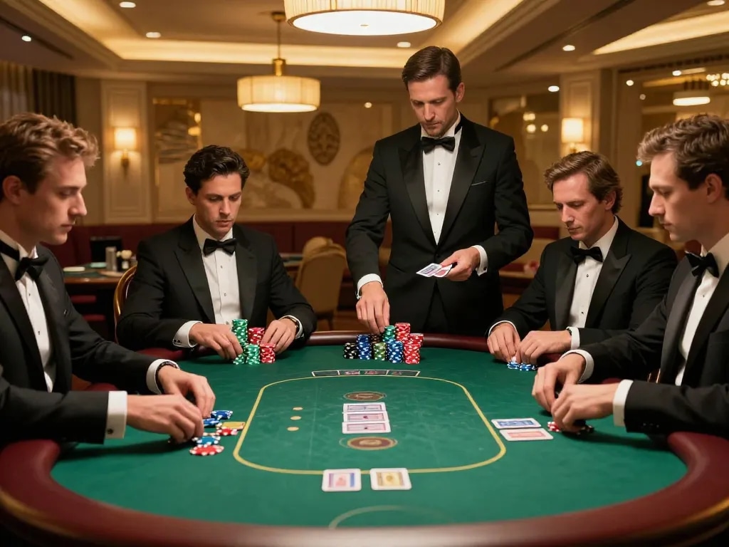 Players enjoying high-stakes poker at a luxurious casino table in an exciting scene, featuring max 79 strategy.