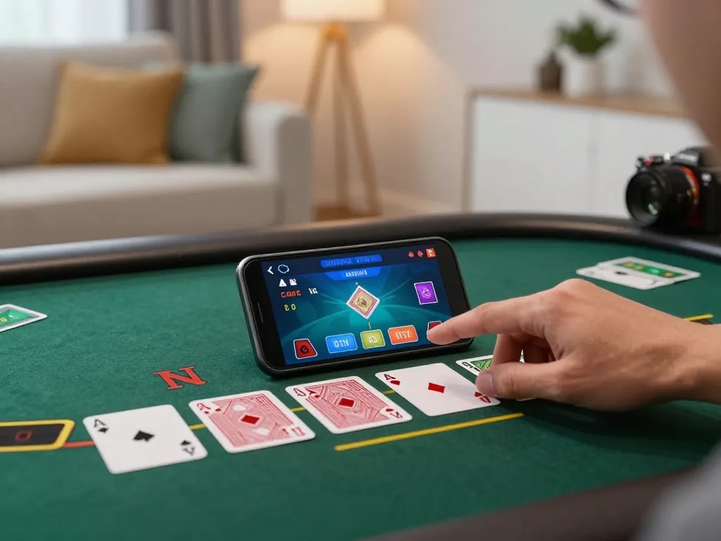 Pemain Bintangmpo yang sedang merencanakan strategi dalam permainan blackjack online di smartphone.