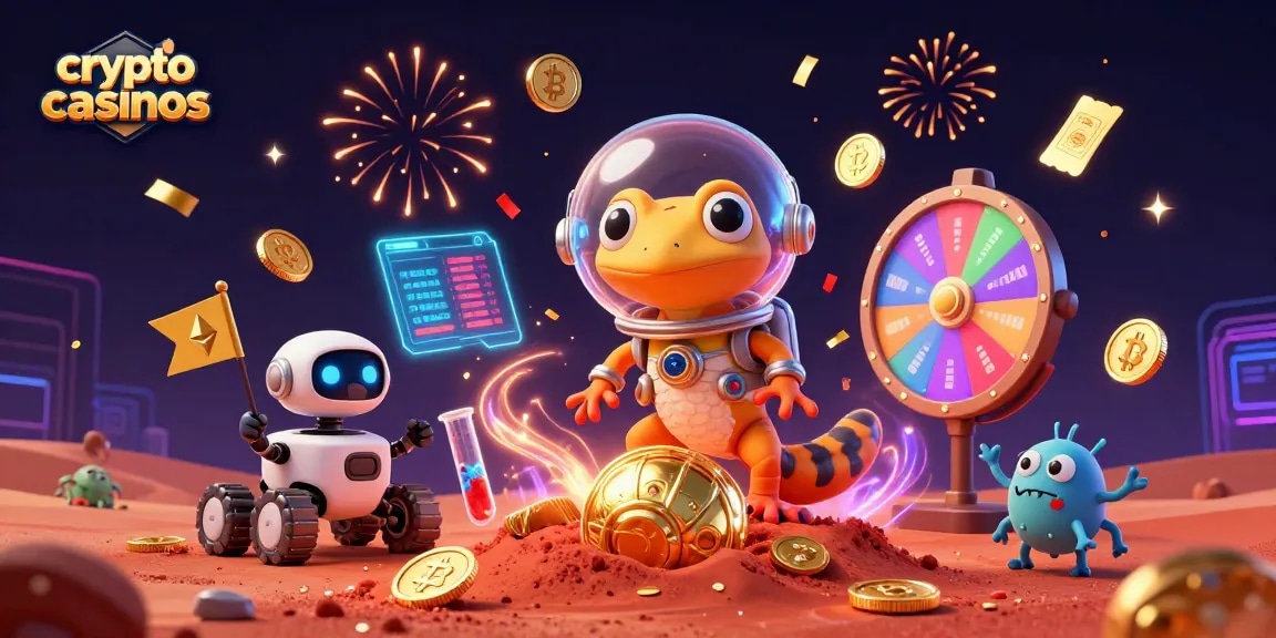 Décryptage des crypto casinos avec des extraterrestres fêtant la chance d'un jackpot.