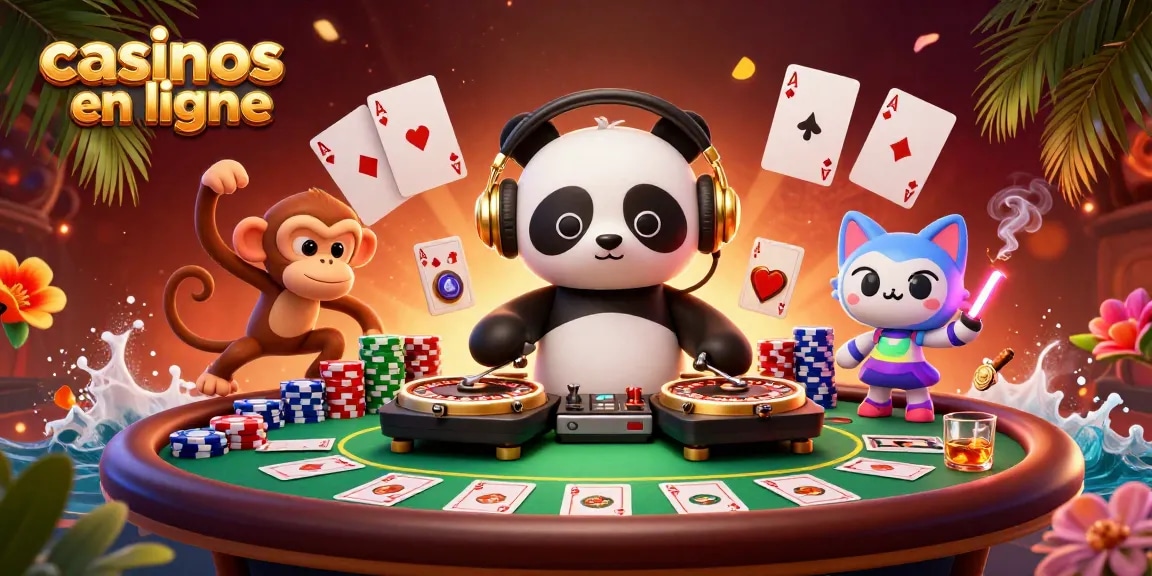 Célébrez les casinos en ligne avec un DJ panda amusant, un singe dansant et un chat en rave entourés de jeux de poker.