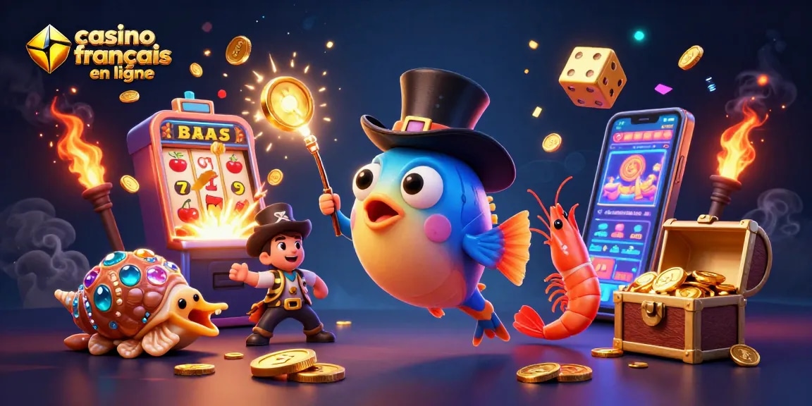 Réalisez vos rêves avec le casino français en ligne : un poisson-lanterne plongeur attirant des pièces d'or et une crevette pirate.