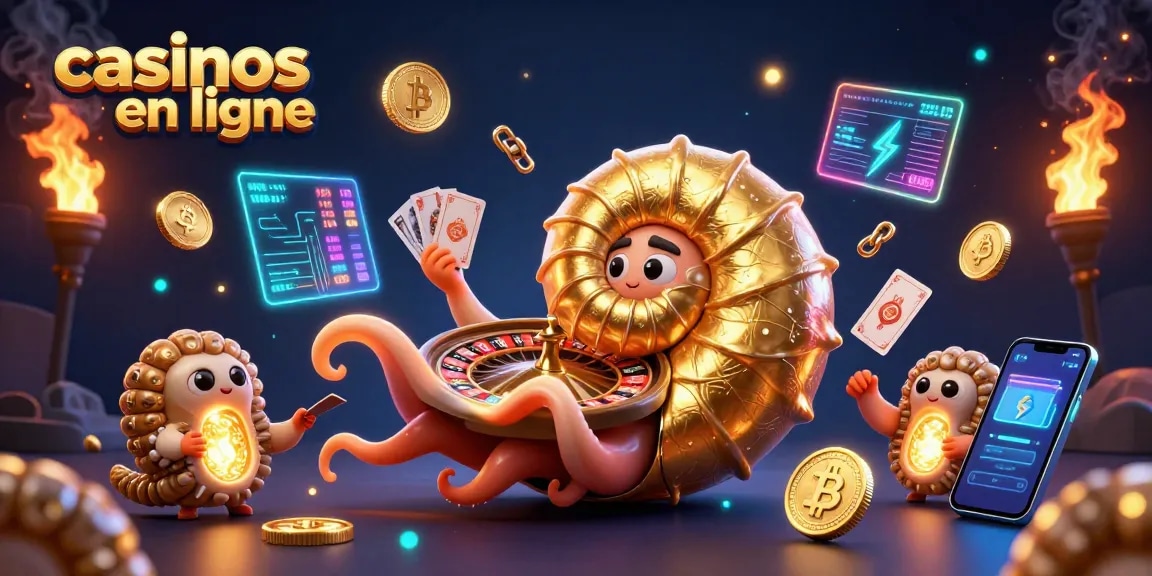 Visualisez les casinos en ligne avec le nautilus géant et des éléments de crypto-monnaie dynamiques.