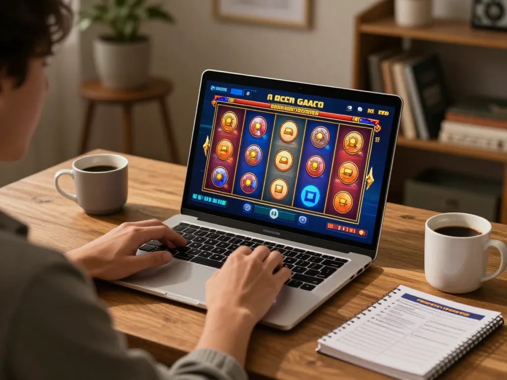 Player engaged in slot gacor game on laptop with vibrant screen display at home, showcasing strategy.