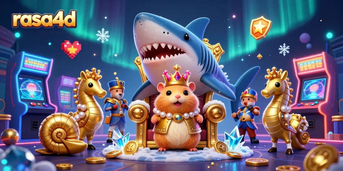 Rasa4d menghadirkan raja hamster emas bermahkota karang di atas gigi hiu megalodon.