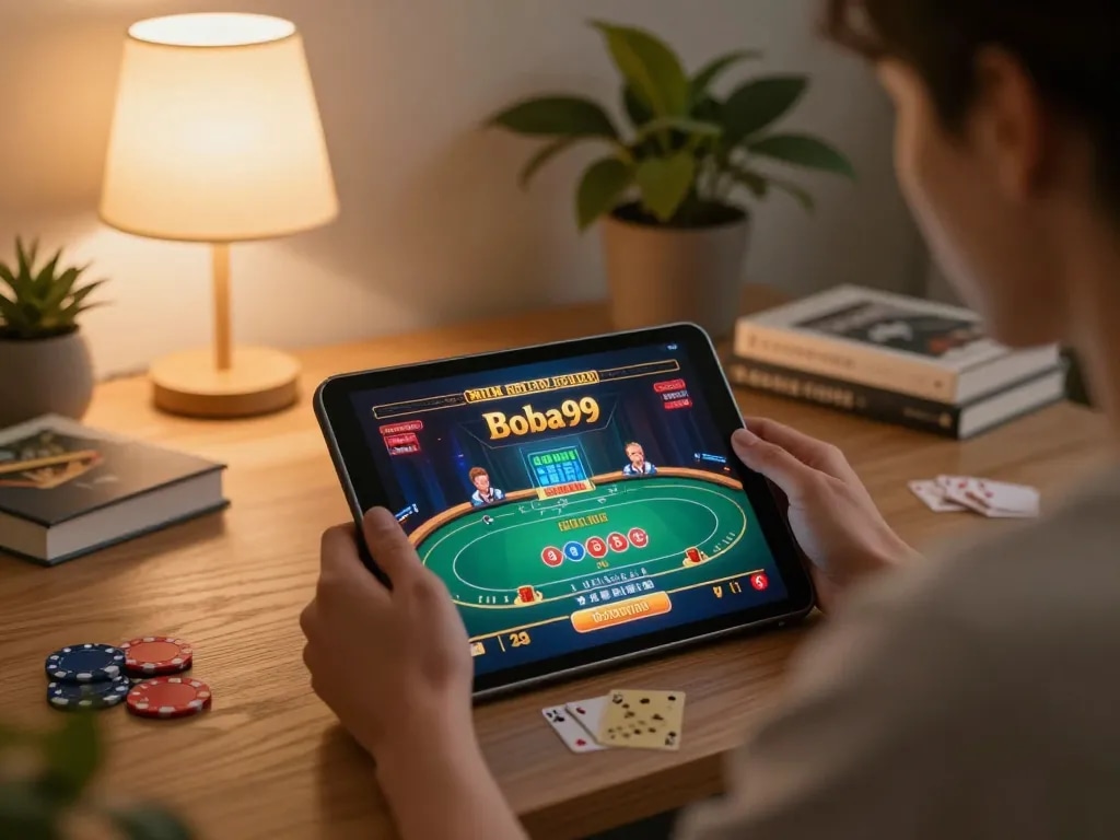 Pemain menikmati permainan kasino online di tablet Boba99 dalam suasana ruang tamu yang nyaman.