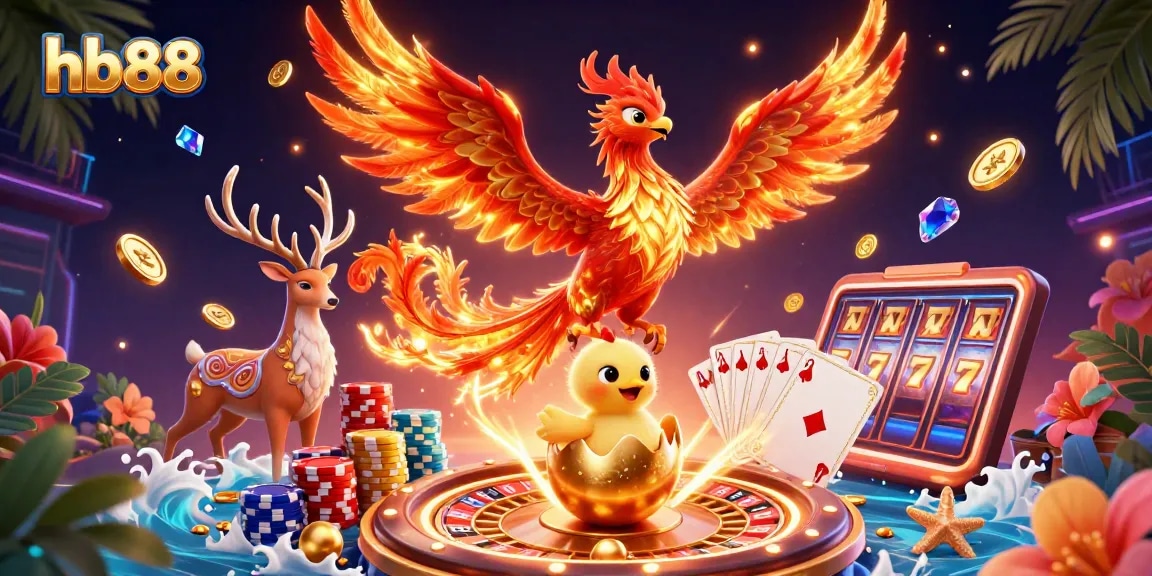 Win big with hb88’s vibrant 3D scene featuring a phoenix, baby chick, and mystical stag.