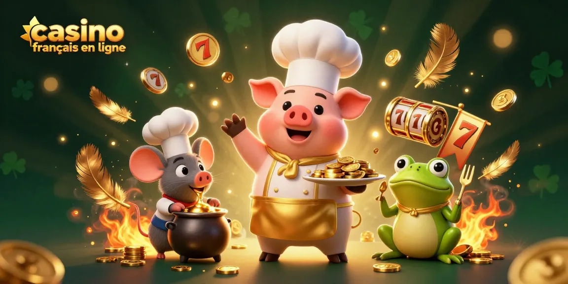 Visualisez un chef-cochon servant des pièces d'or dans un casino français en ligne dynamique.