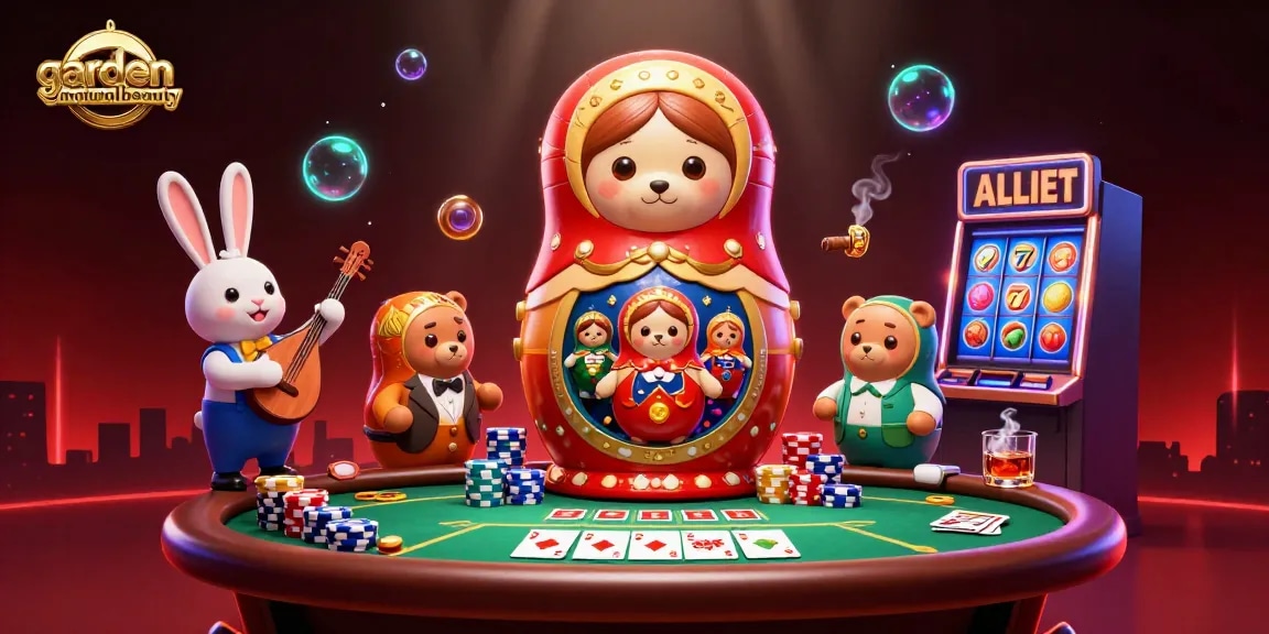 Gambarkan keberuntungan di gardenofnaturalbeauty dengan beruang Matryoshka, permainan kartu, dan suasana yang meriah.