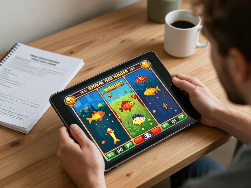 Player enjoys g28 3D Fish Shooting Game on tablet with strategic notes and cozy home atmosphere
