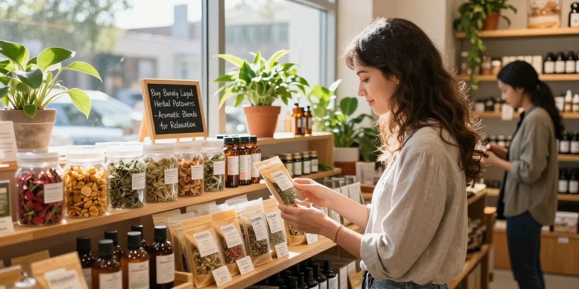 Engaging scene of a shopper considering to buy barely legal herbal potpourri in a bright herbal wellness shop.