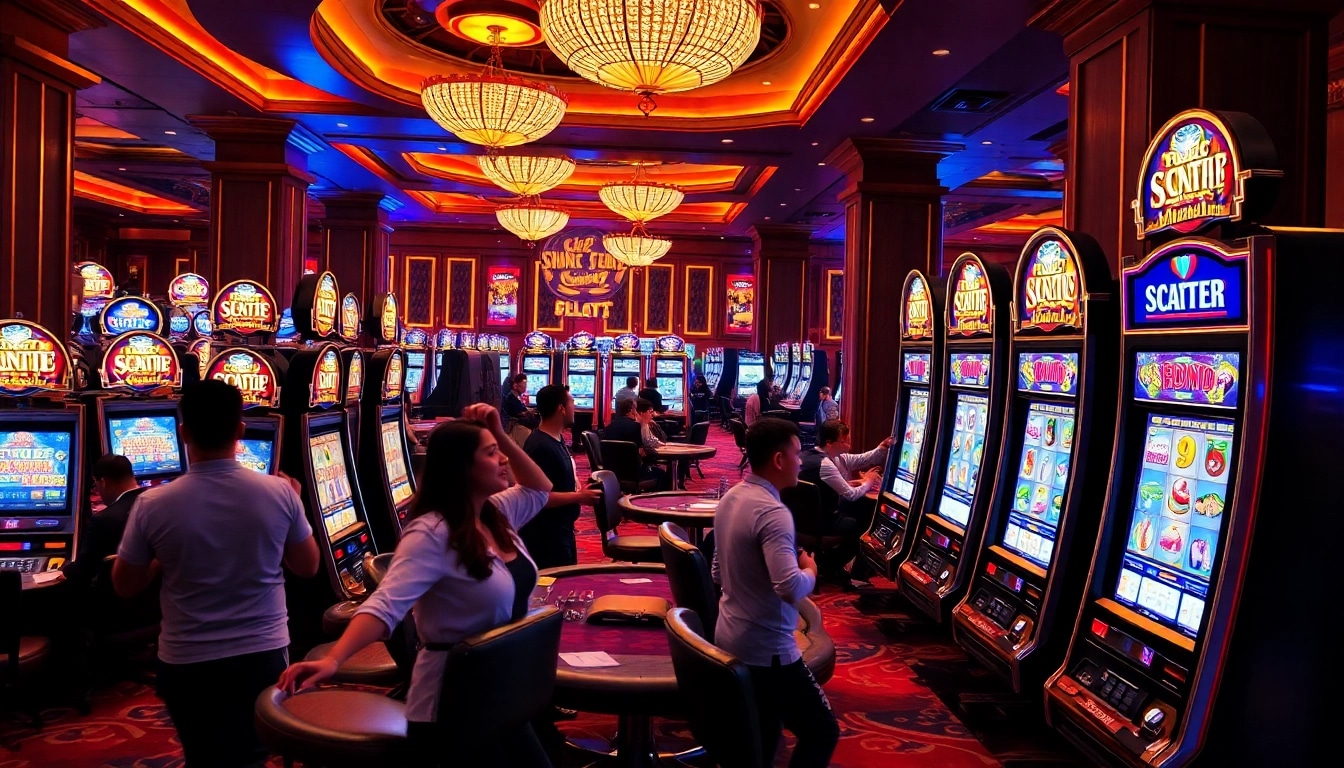 Excited players engaging with modern slot machines, including scatter hitam games.