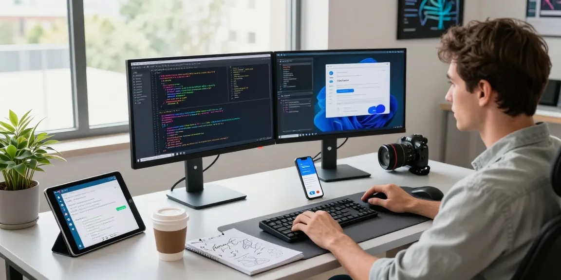 telegram中文版下载 in a modern tech workspace with coding elements and a Telegram interface on monitors.