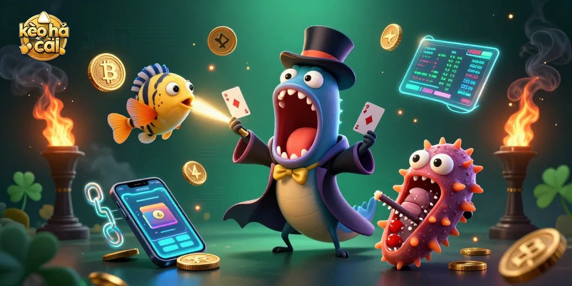 Engaging kèo nhà cái scene with bioluminescent eel and anglerfish in a vibrant casino setting