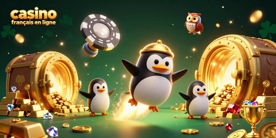 Découvrez le casino français en ligne avec un pingouin doré en fusée, riches trésors autour.