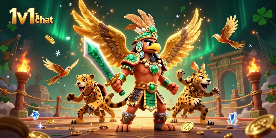 Engage in 1v1 chat with animated warriors amidst casino-themed elements and vibrant action.