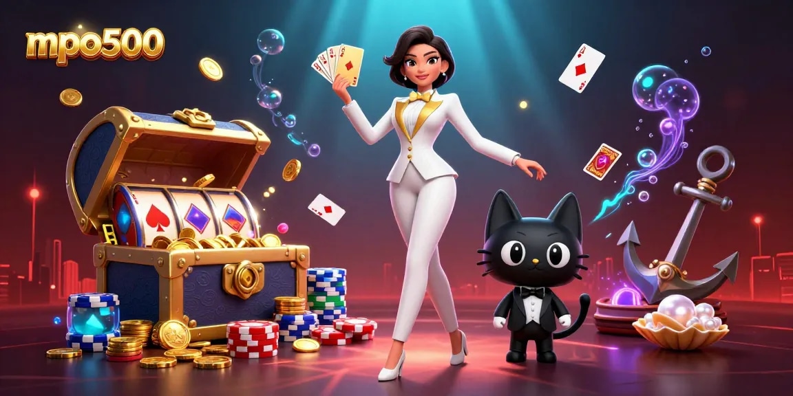 Experience excitement with mpo500 as a glamorous woman deals cards alongside a dapper cat in a thrilling casino scene.