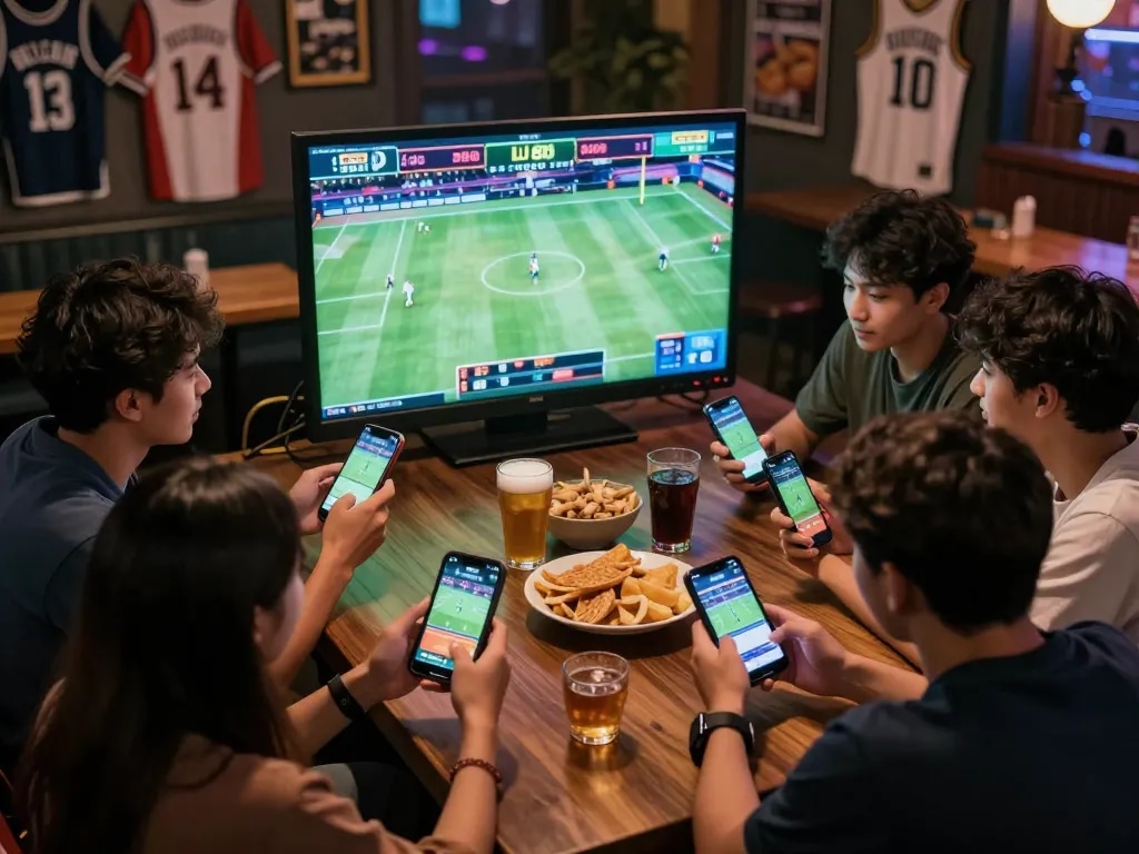 Friends engaging in sports betting on qq 88 app at a vibrant sports bar.