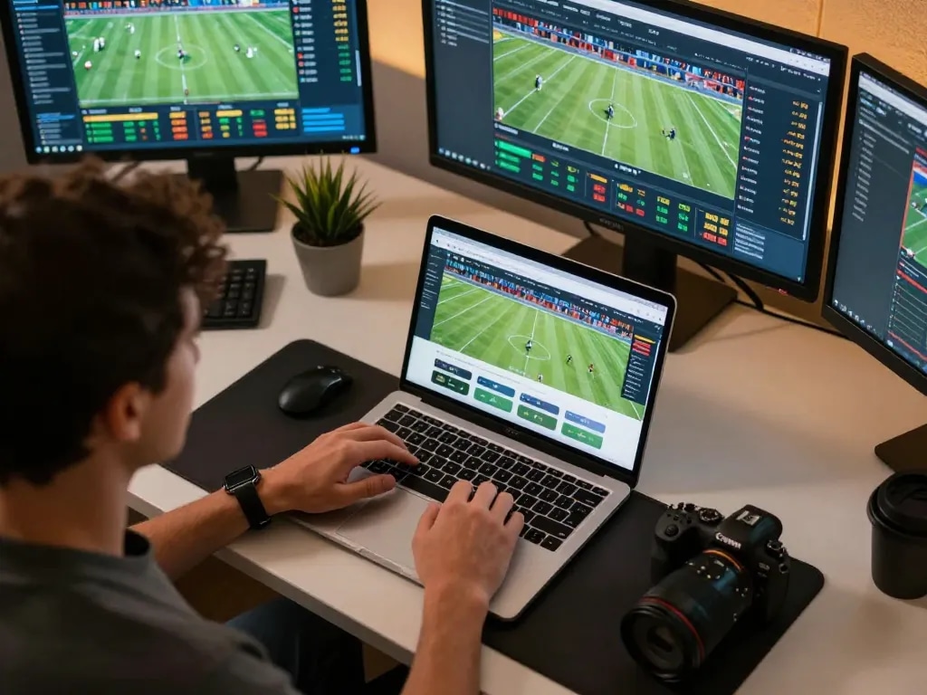 Bongdalu sports betting scene with live match updates on a sleek laptop, emphasizing strategic wagering.