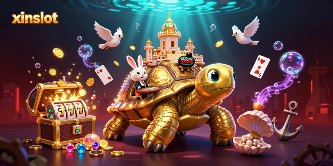 XINSLOT offers a vibrant scene of playful 3D characters enjoying casino games surrounded by colorful treasures.