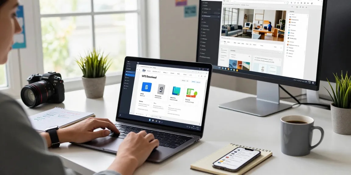 Optimized WPS Download interface on a laptop showing productivity apps in a modern office workspace.
