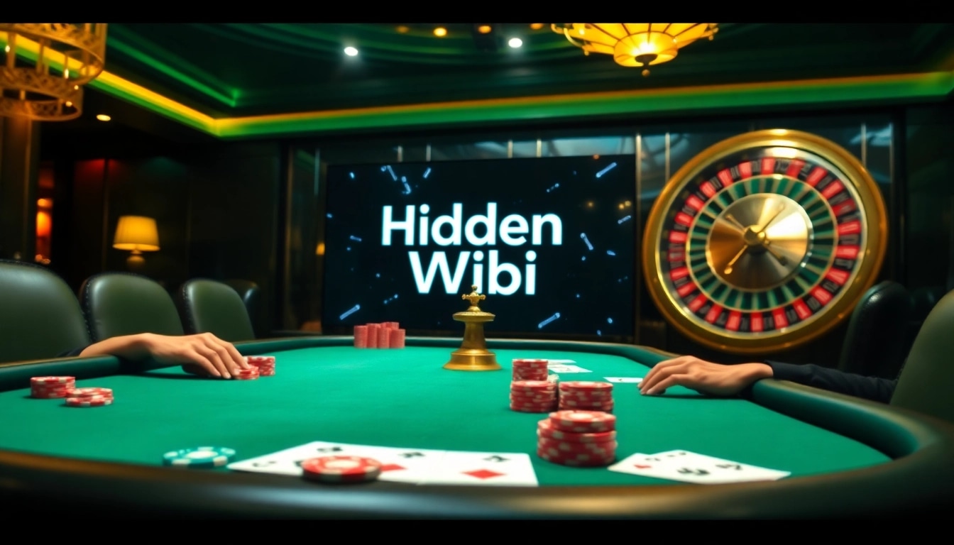 The Hidden Wiki branding shines over a sophisticated casino poker scene with vibrant cards and chips.