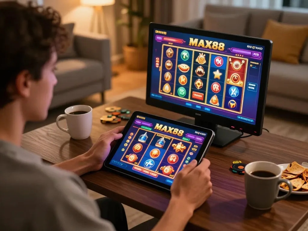 Engaging with the MAX88 online casino interface on a tablet during a cozy gaming session.