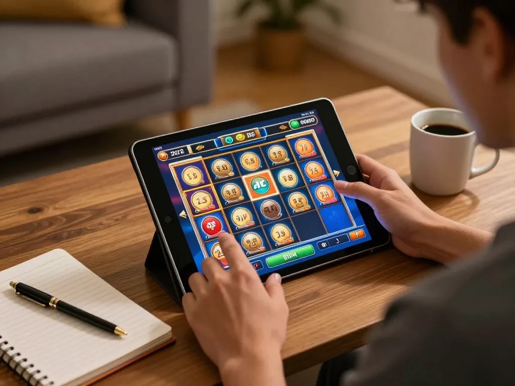 Engaging in online slots on BK8 platform at home with cozy atmosphere and bankroll strategy notes.