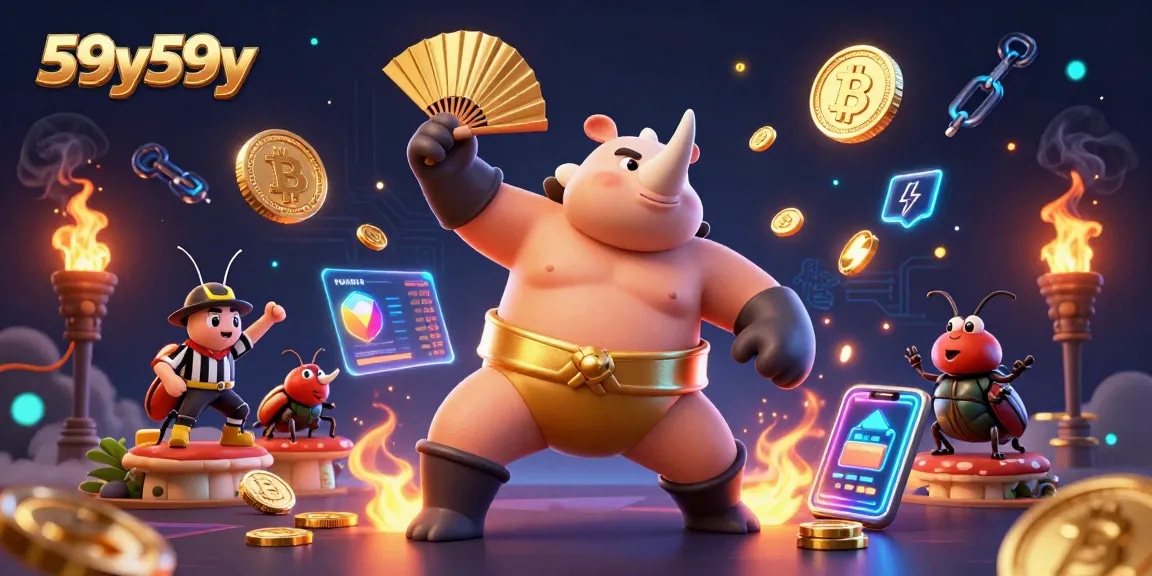 Experimente a emoção do 59y59y com um campeão de sumô em ação, cercado por símbolos de criptomoedas.