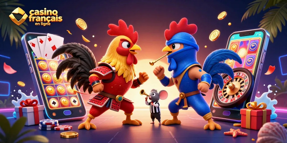 Jouez à casino français en ligne avec des coqs combattants et des jeux de casino dynamiques illustrés.