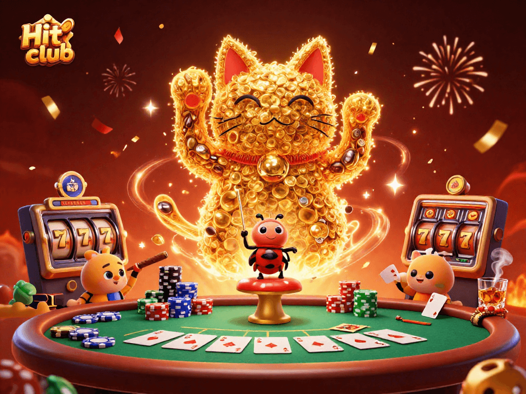 Engage with Hit club's vibrant casino atmosphere featuring a lucky cat and poker elements.