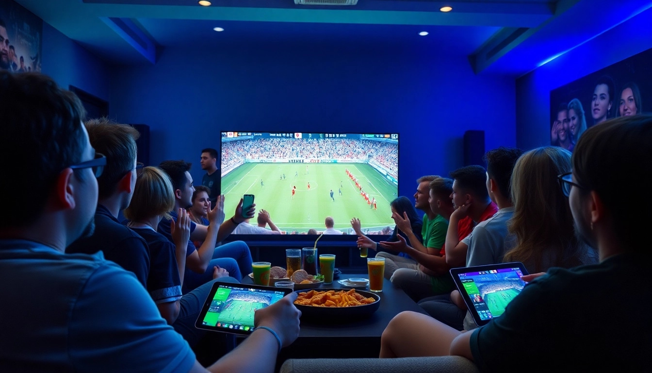 Enthusiastic fans enjoying a live football match on joemadfan.com, showcasing high-energy viewing and community vibe.