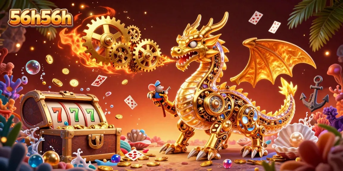 Engage with 56h56h as a golden dragon unleashes winning spins in a vibrant casino scene.