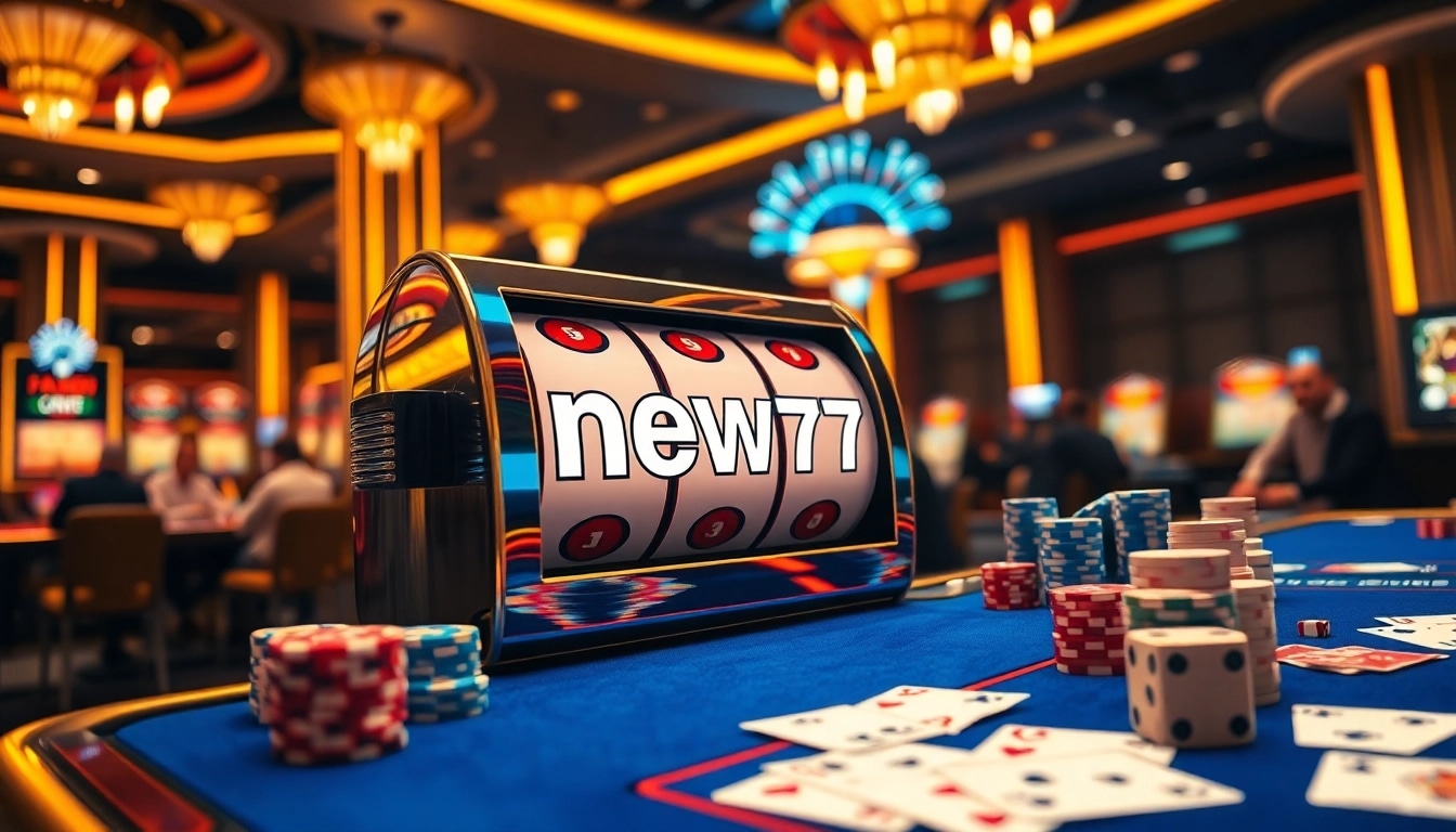 Spin the new77 slot machine surrounded by vibrant poker chips and cards in an elegant casino setting.