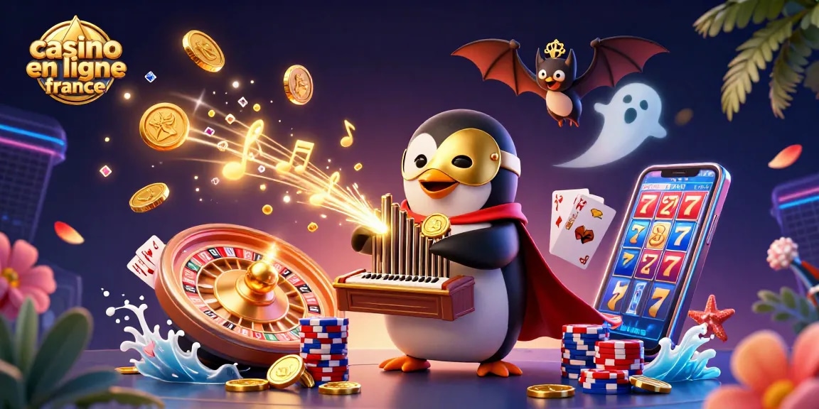Plongez dans le monde du casino en ligne France avec un pingouin jouant du pipeau et des pièces dorées volantes.