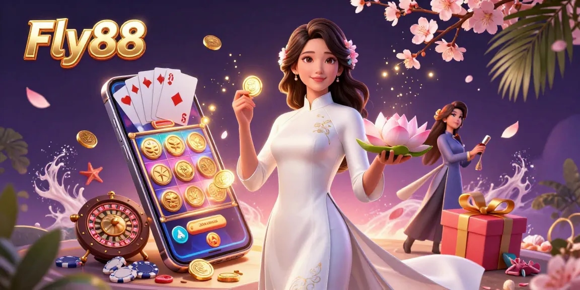 Engaging scene of Fly88 illustrating an elegant Asian woman with a phone showcasing a slot game amidst casino elements.