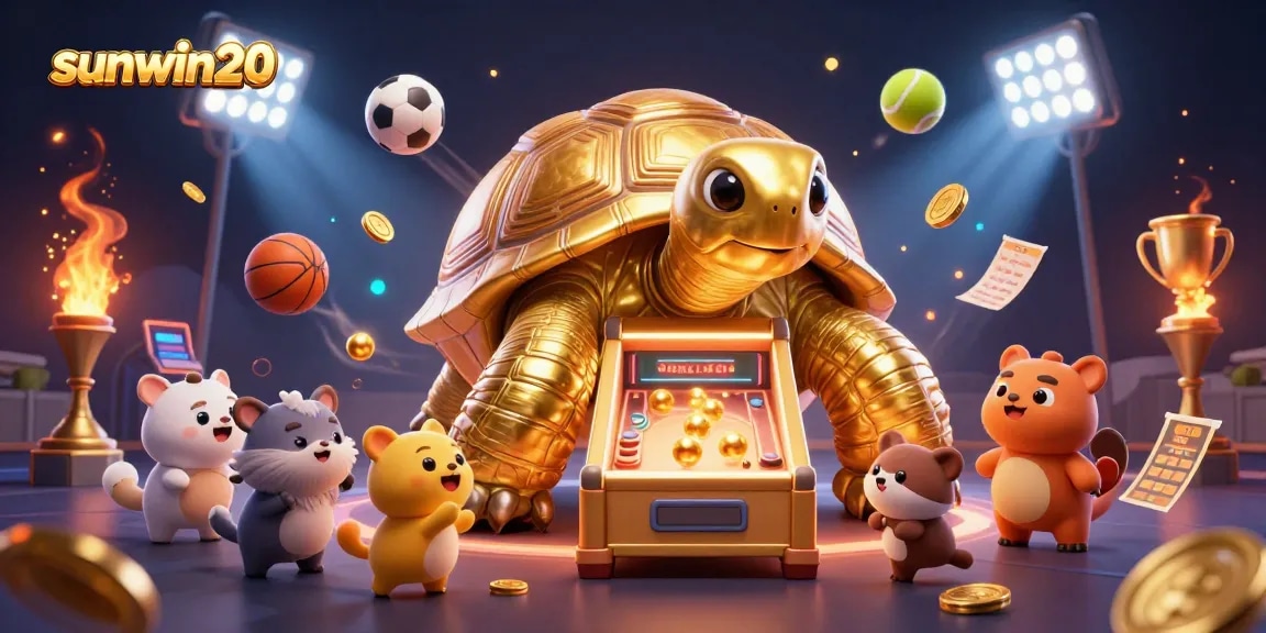 players enjoying sunwin20's exciting casino games, surrounded by gold coins and vibrant sports elements