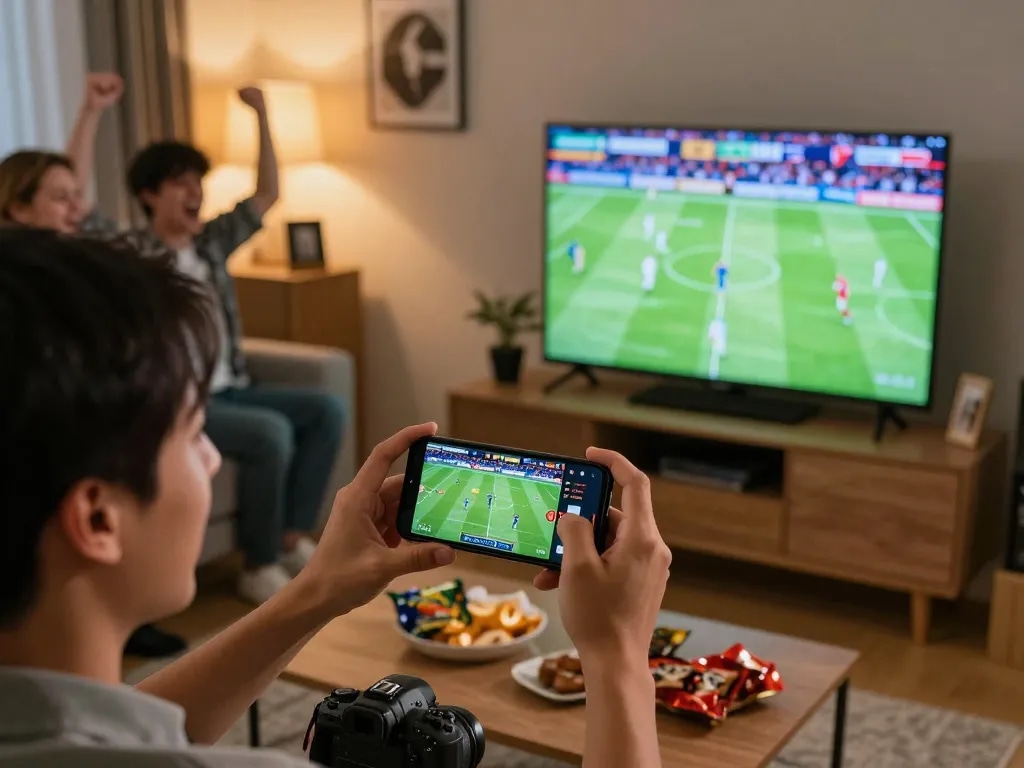 Engaged bettor using keobongda app for live sports betting while watching a match.