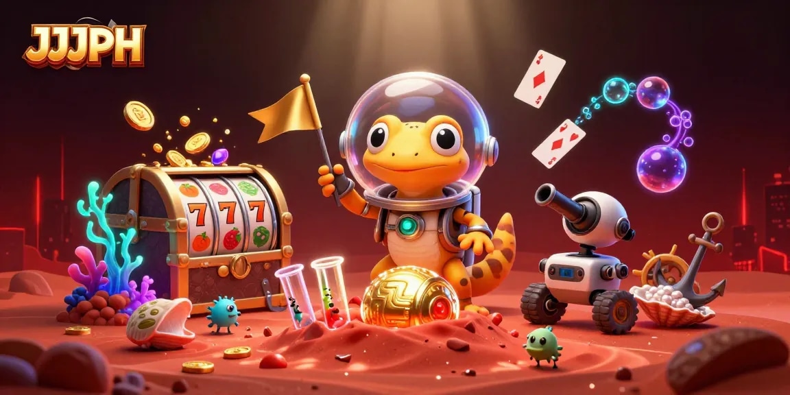 Engage with JJJPH as a Martian gecko discovers a golden casino amidst vibrant gaming elements.