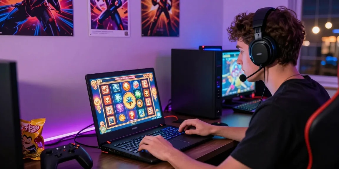 Engaged player enjoying slot dana games on laptop in vibrant home gaming setup