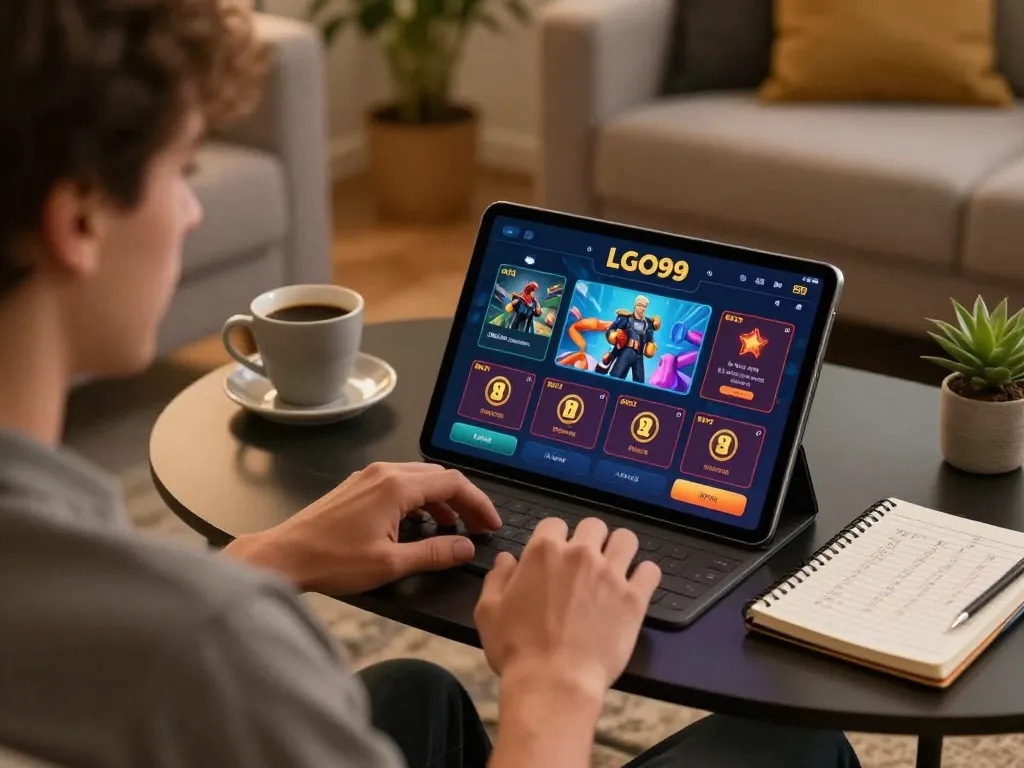 Pengguna LGO99 berinteraksi dengan aplikasi kasino, menunjukkan strategi perjudian online yang cermat dan pengaturan rumah yang nyaman.