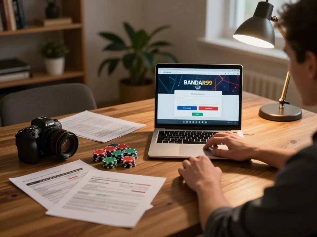 Engaging login bandar99 interface displayed on laptop surrounded by poker strategies in a cozy home office.
