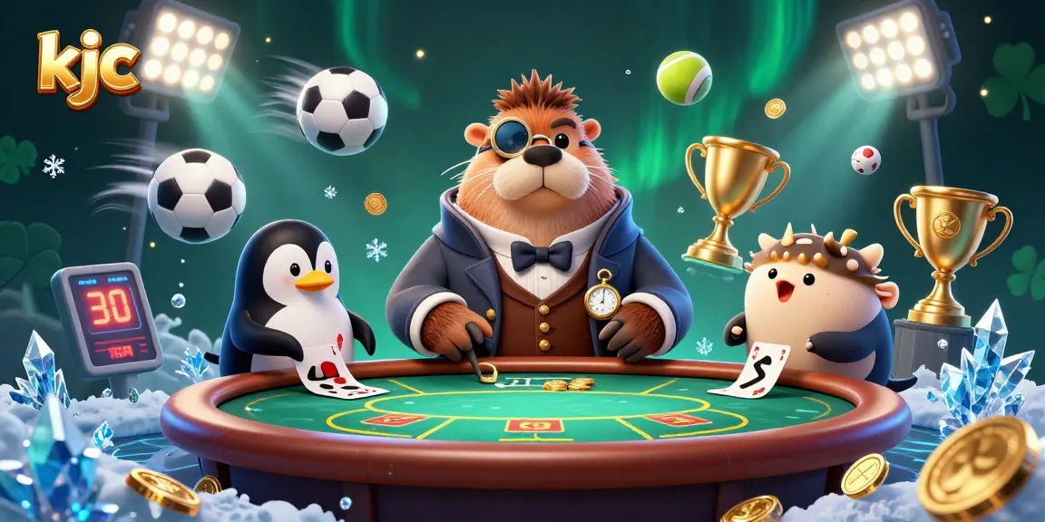 KJC players bluffing at an underwater poker game with vivid casino-themed elements.