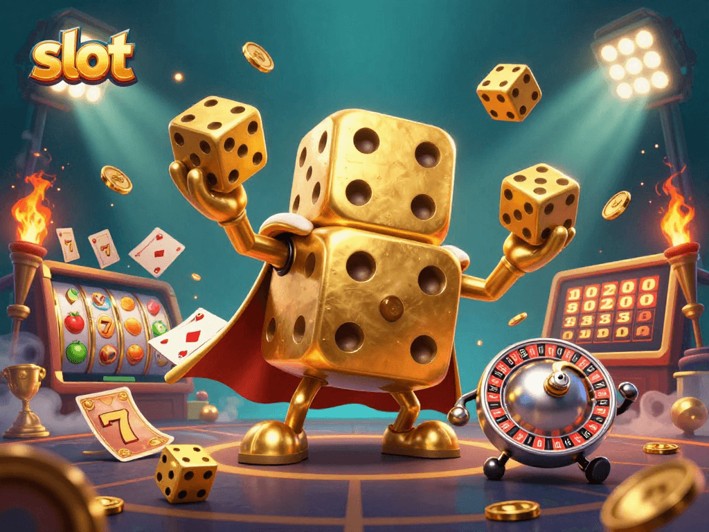 Slot gacor dengan 3D golem dadu emas, simbol jackpot, dan koin berkilau di latar belakang.