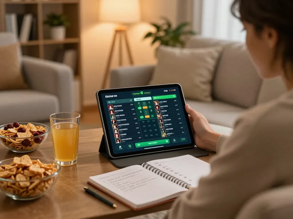 Kèo nhà cái interface displayed on tablet as a person engages in online sports betting at home, showcasing responsible gaming.