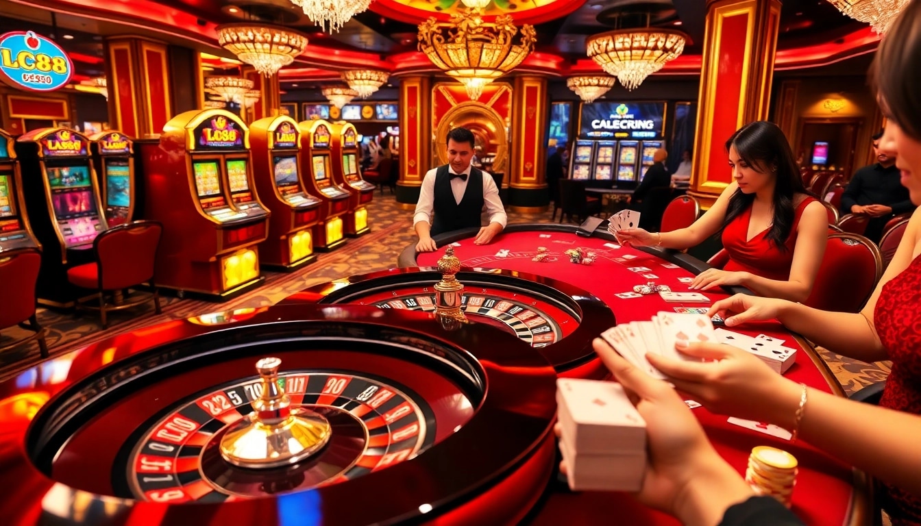 Players enjoying casino games at LC88 with vibrant decor and exciting atmosphere.