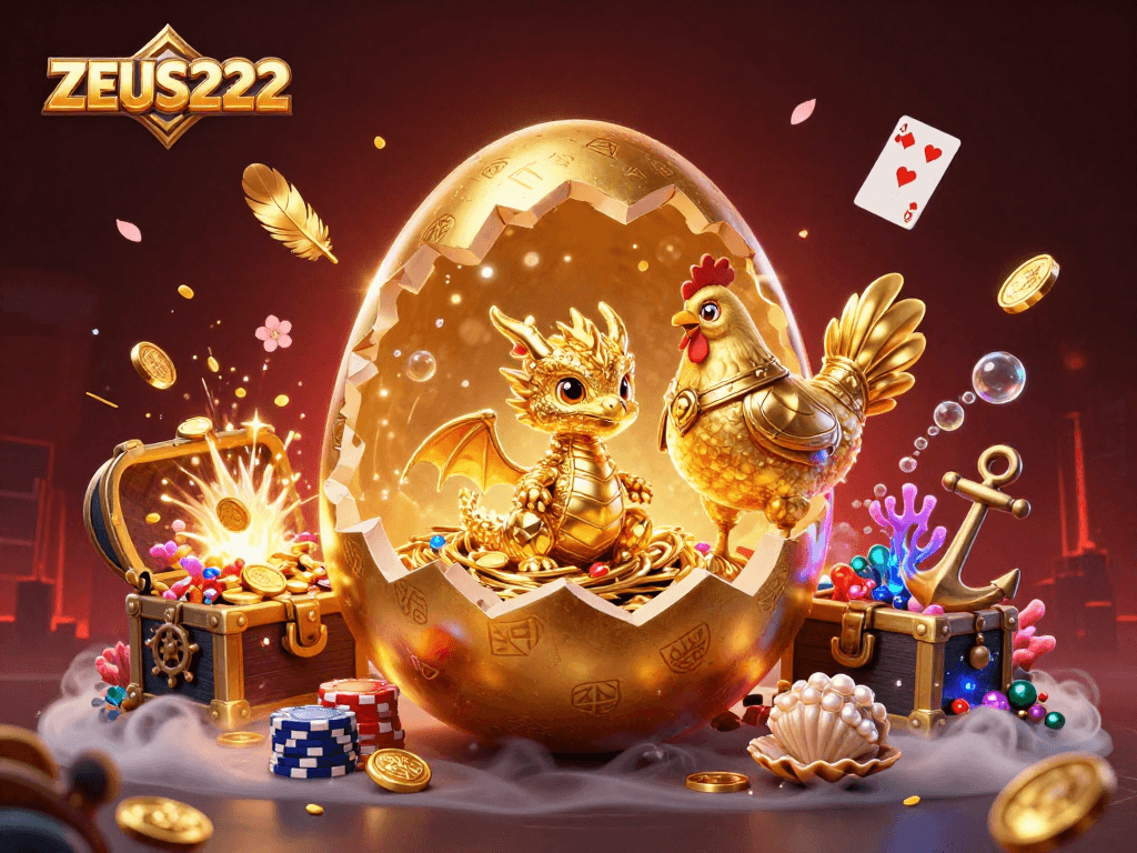 Experience the excitement of ZEUS222 with a golden dragon and poker chips in a vibrant casino scene.