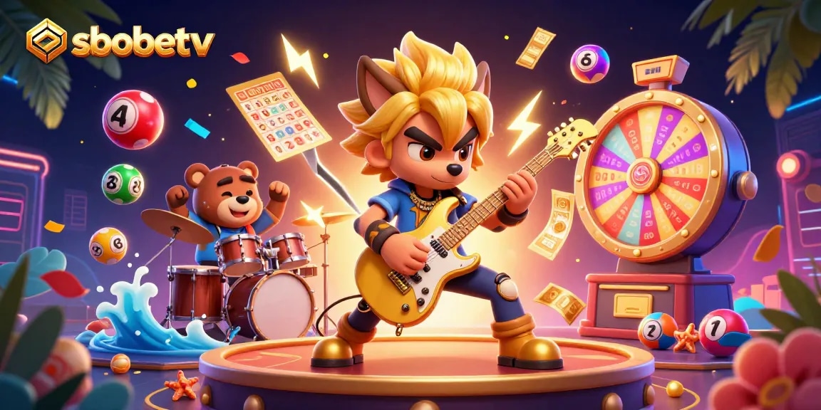 Engage with sbobetv as a cartoon wolf rocks the casino stage amidst colorful lottery games and vibrant winnings.