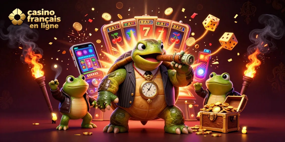 Illustration dynamique montrant un casino francais en ligne avec des personnages de jeux de casino, machines à jackpot, et effets lumineux.
