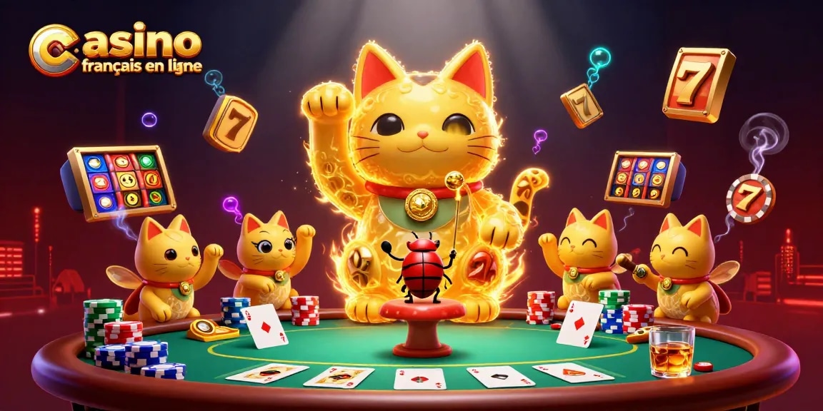 Jouez au casino français en ligne avec un chat porte-bonheur animé entouré de nombreux éléments de jeu excitants.