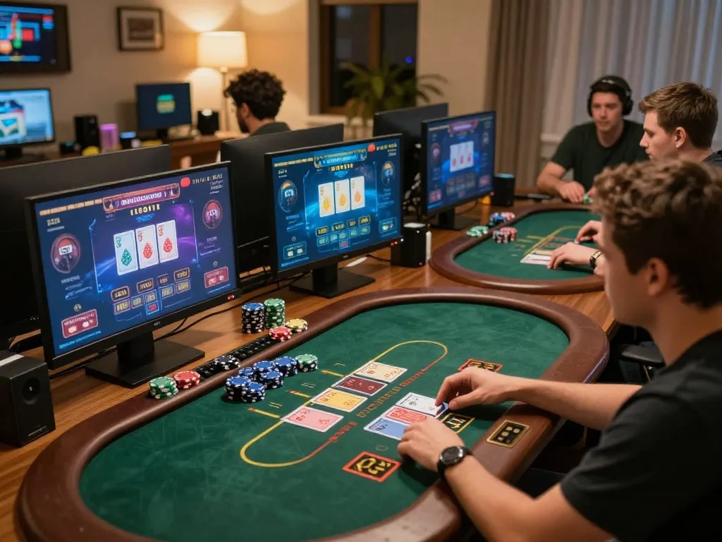 Players enjoying a lively blackjack game online using various devices, showcasing giường bệnh nhân roulette strategies in home settings.